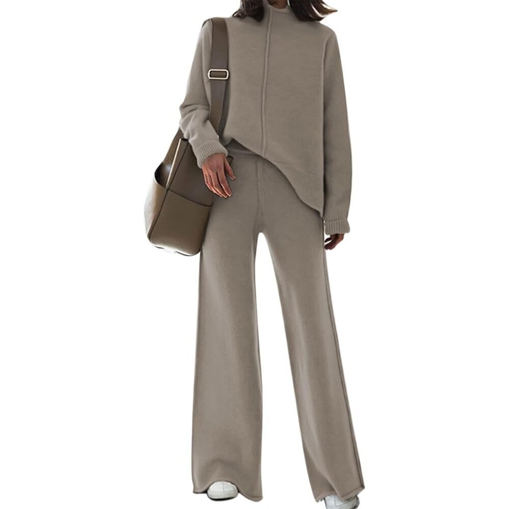 Women's Knit Sweatsuit Set Long Sleeve Turtleneck Wide Leg Pants Casual Wear